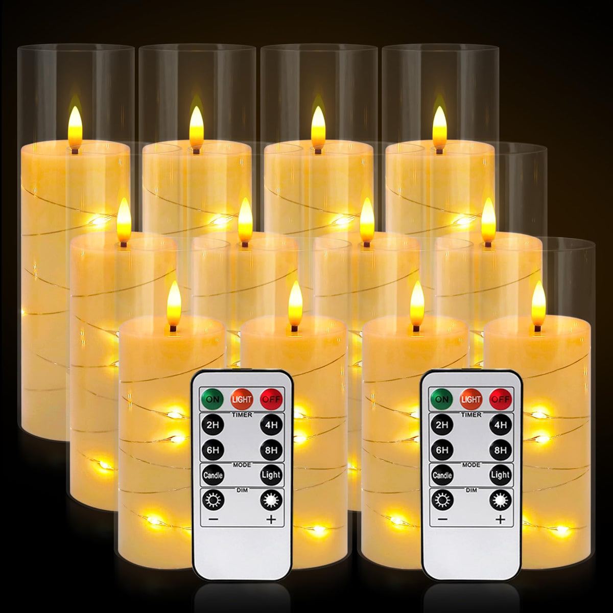 LIVEN Flickering Flameless Candles Battery Operated with Remote,Led Pillar Candles with Realistic Moving Wick Candles for Halloween,Christmas,Home Decor Pack of 12 (D2.2 xH 5" 6" 7")(White)