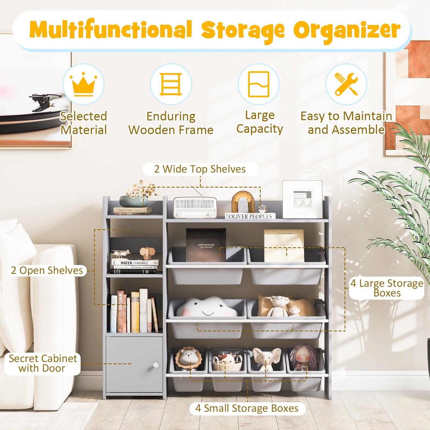 GYMAX Toy Storage Organizer, 4 Tiers Kids Bookshelf and Toy Storage Unit with 8 Bins, Open Shelves and Enclosed Cabinet, Children Bookcase for Playroom Bedroom Nursery (Pink)