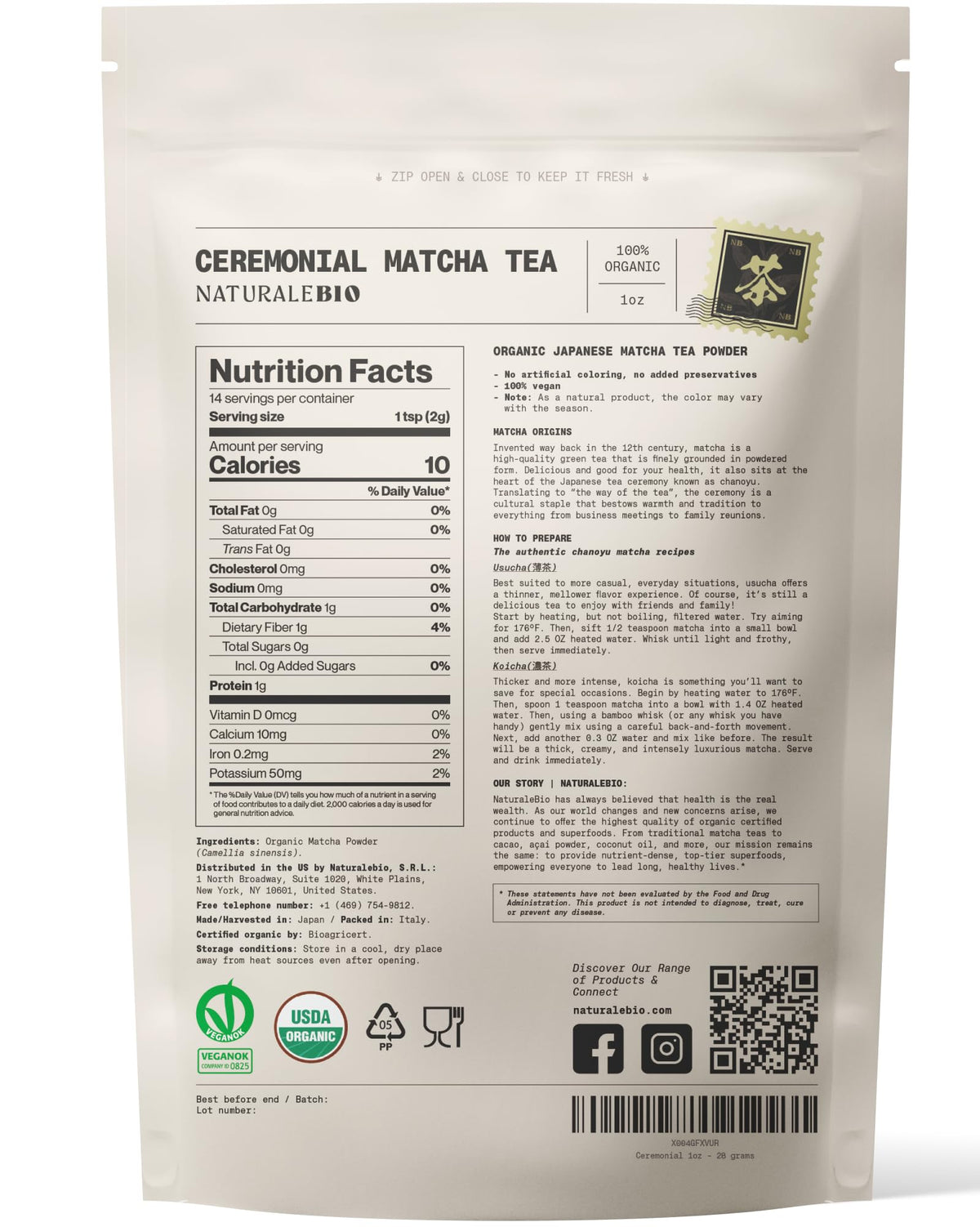 NaturaleBio Organic Premium Grade Japanese Matcha Powder L-Theanine
