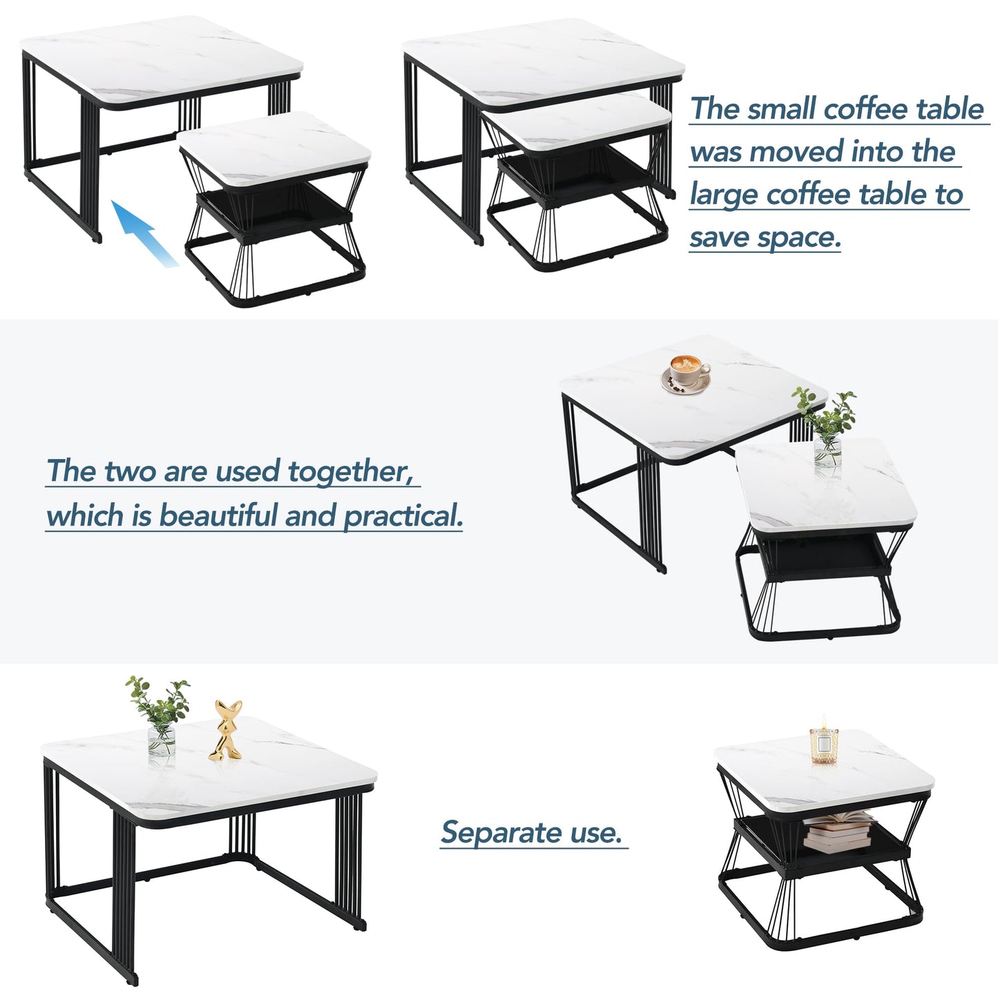 ModernLuxe 2-in-1 Coffee Table, Multi-functional Side Table with Marble Grain Veneer Top, Rattan Drawers, Solid Wood Handles, Gold Coloured Iron Legs, Round Nest of Tables for Living Room, Black
