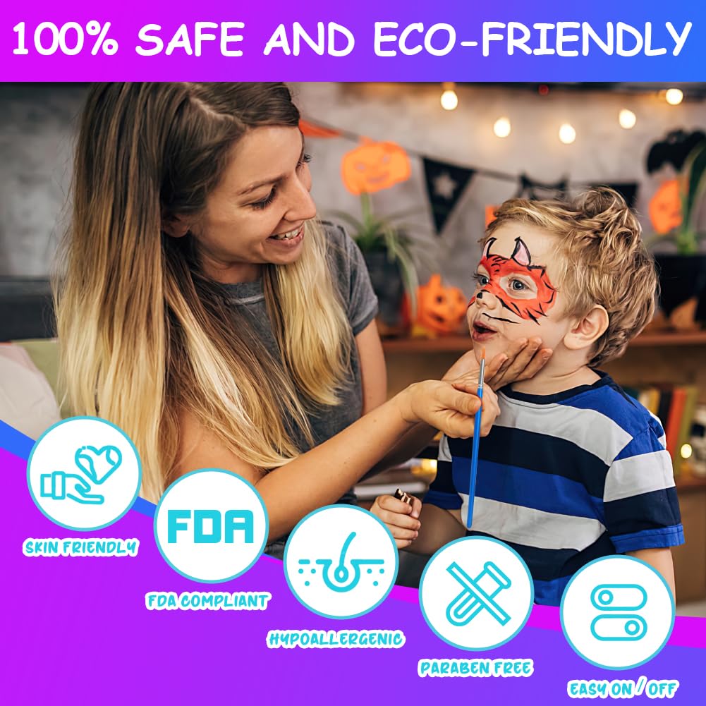 URAQT Face Paint Kit, 15 Color Face & 15 Color Neon Ultraviolet Painting with 2 Brushes 80 Stencils, Washable Safe Body Paint for Adults Kids Halloween Party Carnival, Makeup Paint Non-Toxic to Use