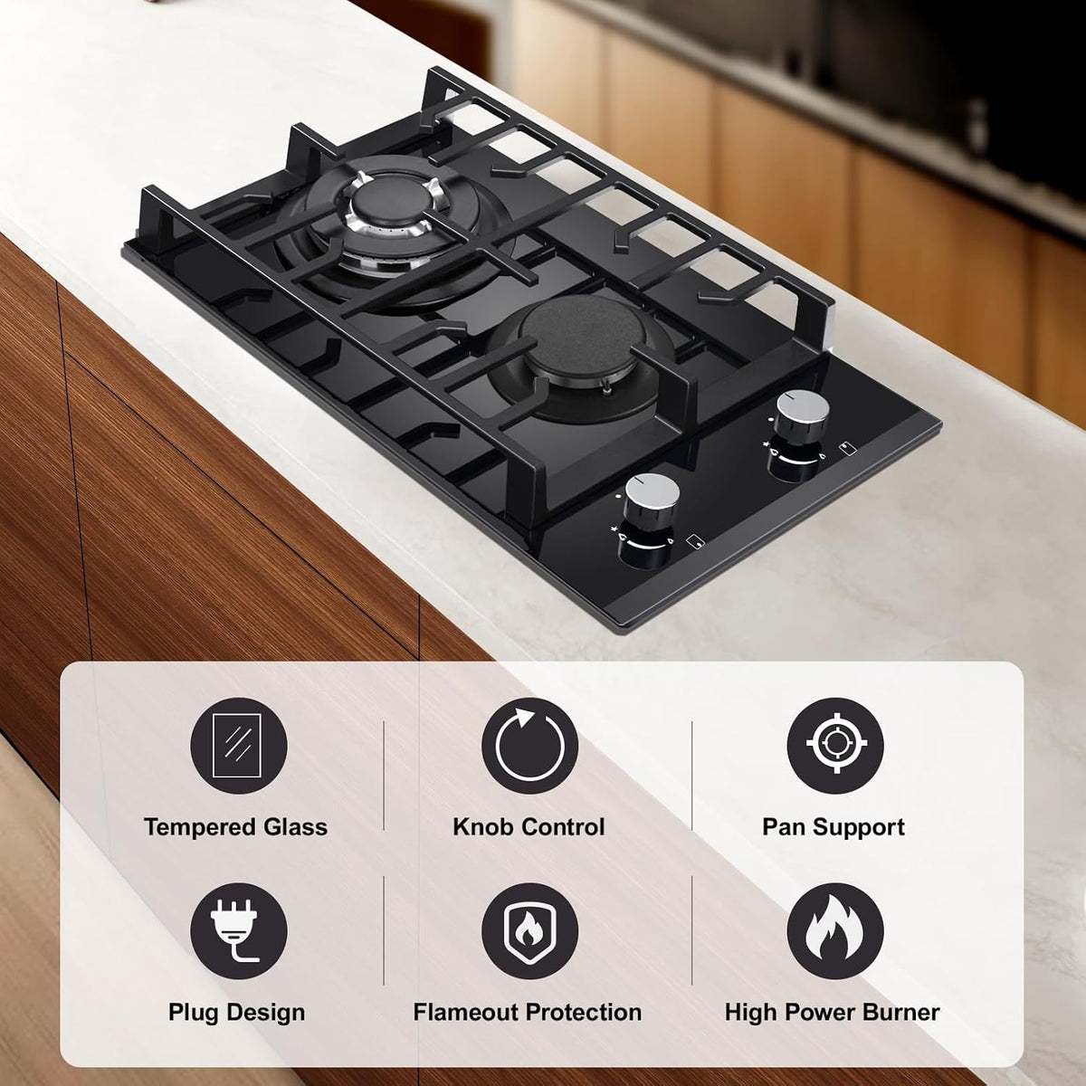 TopStrong Gas Hob 4 Burners, 60cm Black Glass Built-in Cooktop with 8060W Wok Burner & Thermocouple Protection, Natural Gas & LPG Compatible