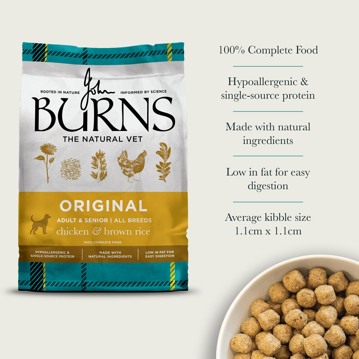 Burns Pet Nutrition Hypoallergenic Complete Dry Dog Food Adult and Senior Dog Original Chicken and Brown Rice 12 kg