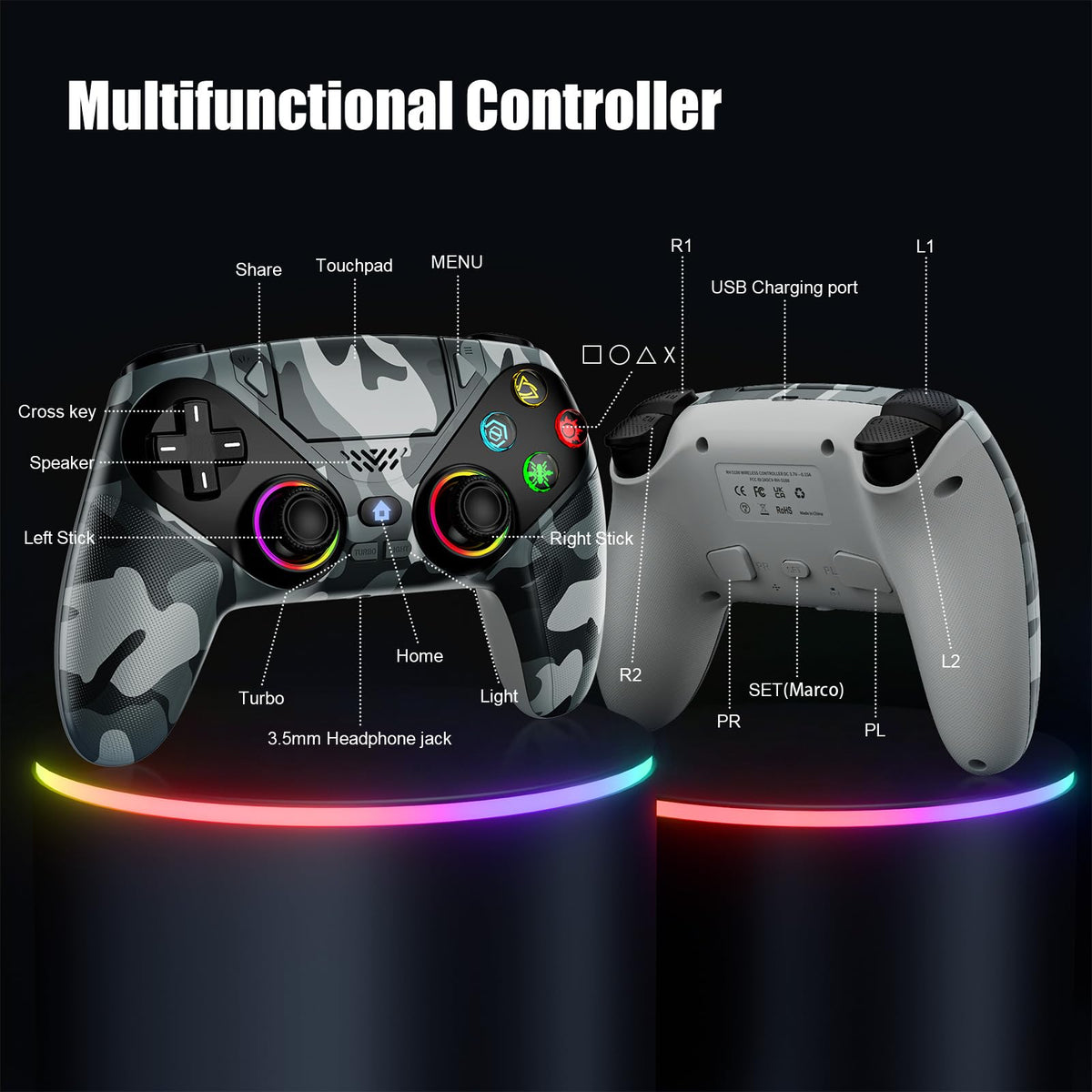 Dinosoo RGB Wireless Controller for PS5/Pro/Slim & PCs, Bluetooth Gamepad with Back Buttons, Touchpad, Macro, Turbo, Dual Vibration, 6-Axis Sensor, Speaker, 3.5mm Audio Jack,White