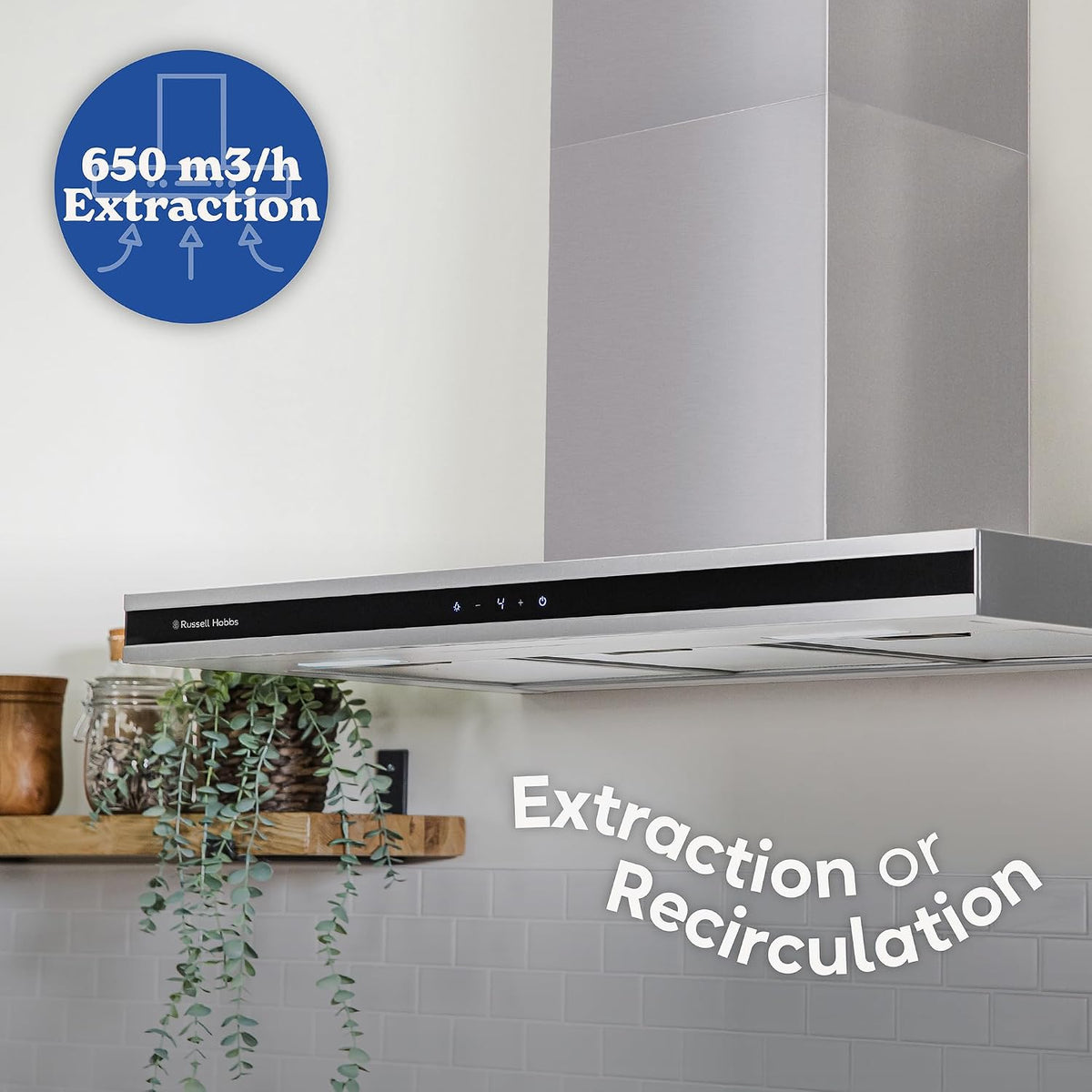 Russell Hobbs 90cm T-Shaped Cooker Hood in Stainless Steel with 3 Speed Settings, 3x Washable Aluminium Filters, Extraction or Recirculation, Boost Function, LED Lights A++ Energy Rating, RHGCH903SS