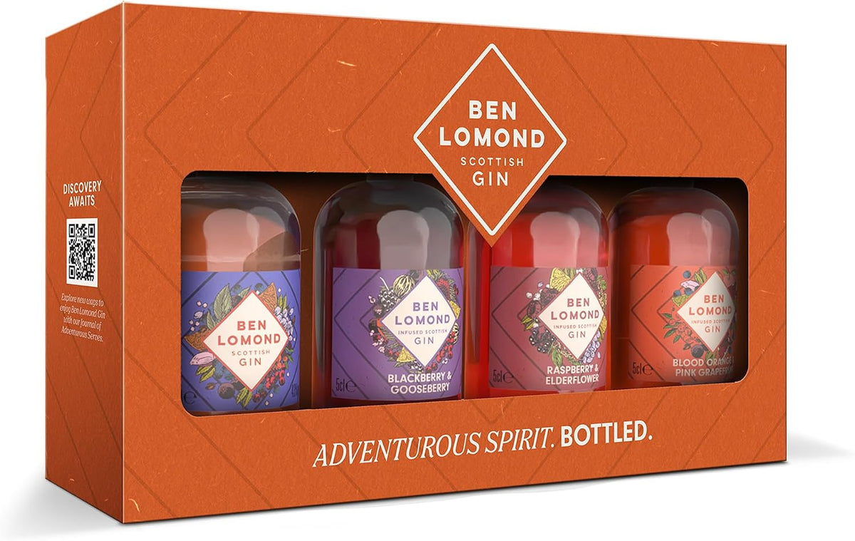 Ben Lomond Gin Gift Set 4x5cl | Scottish Gin Tasting Collection | Miniature Gin Set | London Dry, Raspberry & Elderflower, Blood Orange & Pink Grapefruit, Blackberry & Gooseberry