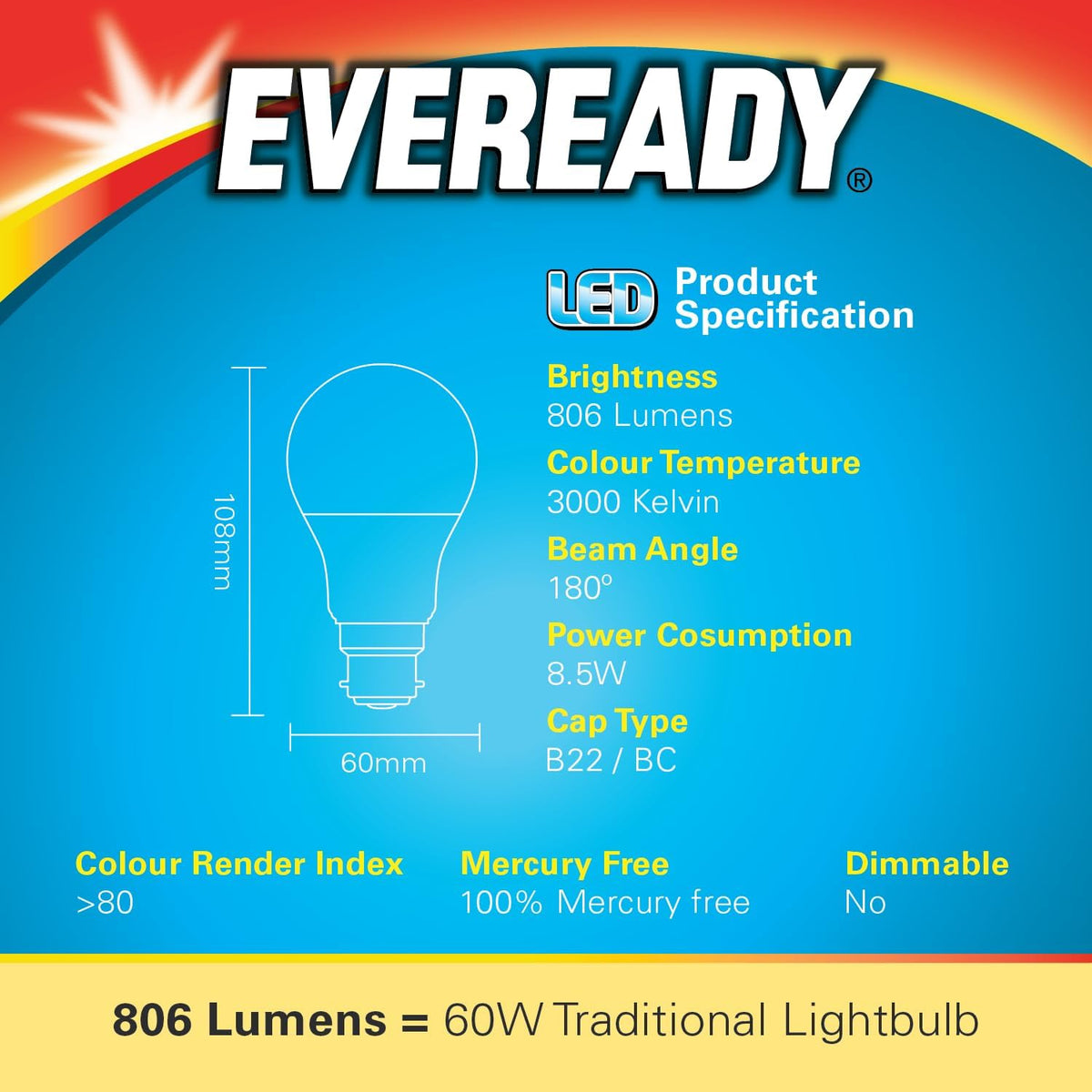 Eveready Bayonet Light Bulb 60w, B22 LED Bulbs Warm White 2700K, LED BC Energy Saver Bulb, 806 Lumen, Non-Dimmable, 3-Pack