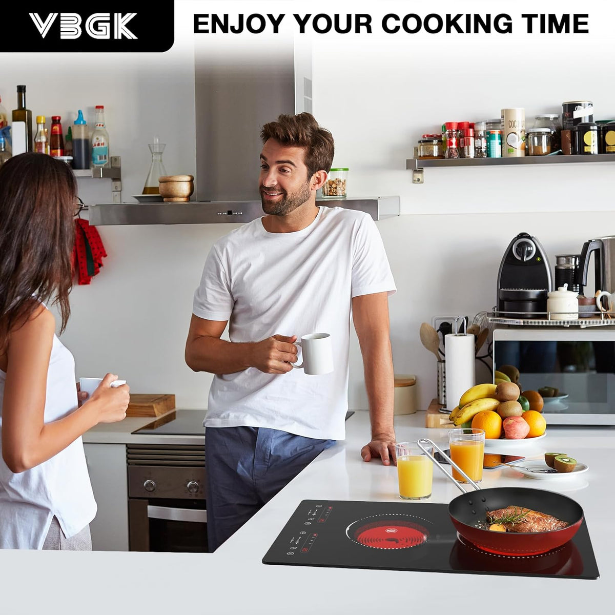 VBGK 2 Ring Electric Hob with Knob, 220V 3000W Double Ceramic Hob, 9 Power Levels, Kids Lock & Timer, Hot Surface Indicator, Overheat Protection, Knob and Touch Control Double Electric Hob