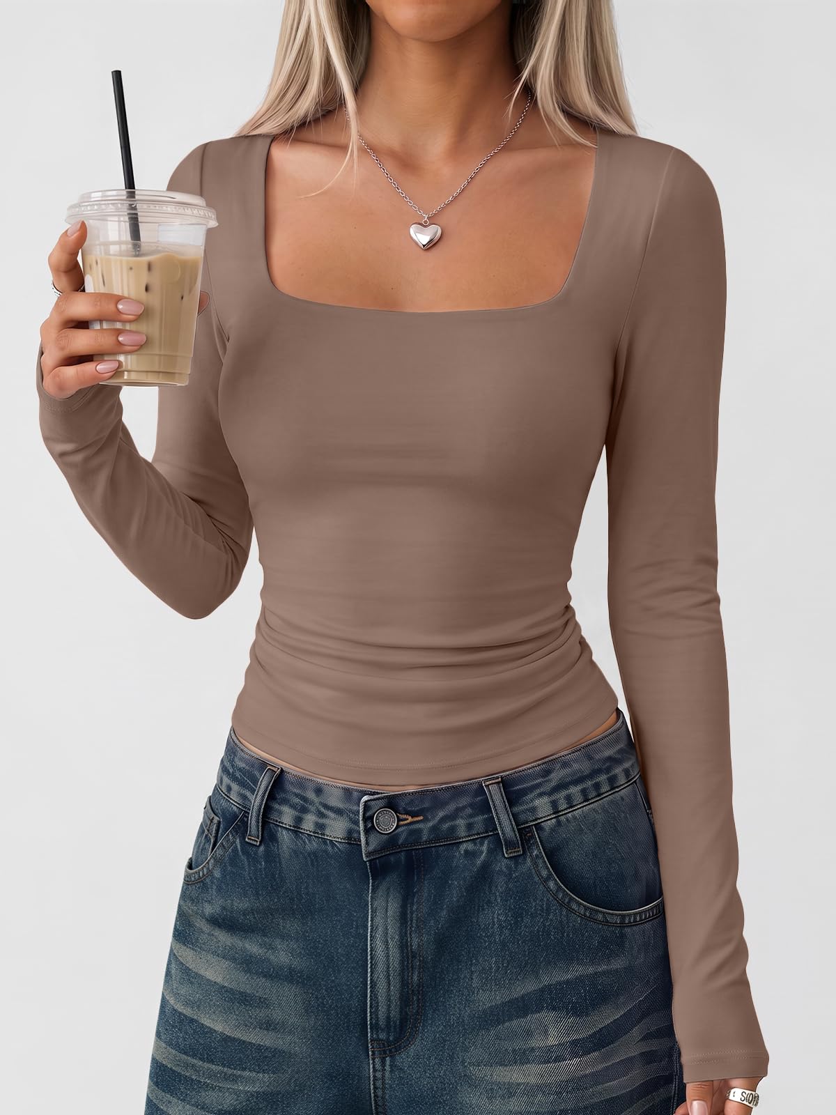 LILLUSORY Long Sleeve Tops Women UK Square Neck Double Lined T Shirts