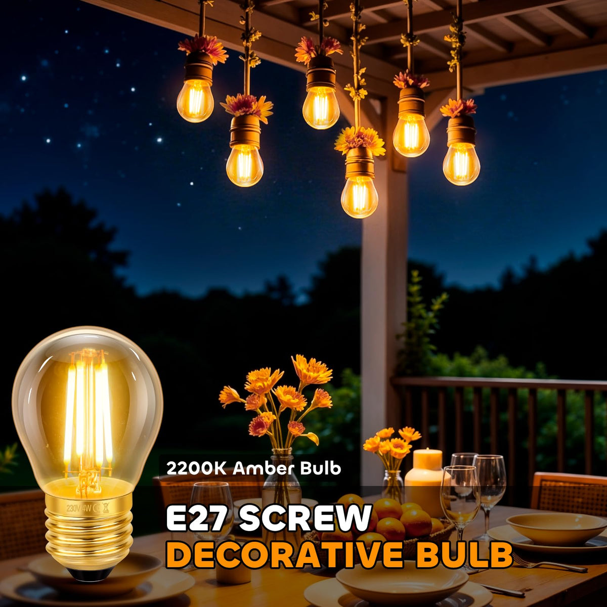 Caldarax Vintage Light Bulb E27 Edison Screw Bulb, 2W LED Filament Equivalent 20 Watt, Antique Style Retro Amber Glass 2200K Warm White, 200LM, AC 220V, Non-dimmable, Golf Ball G45 Bulb, 2 Packs
