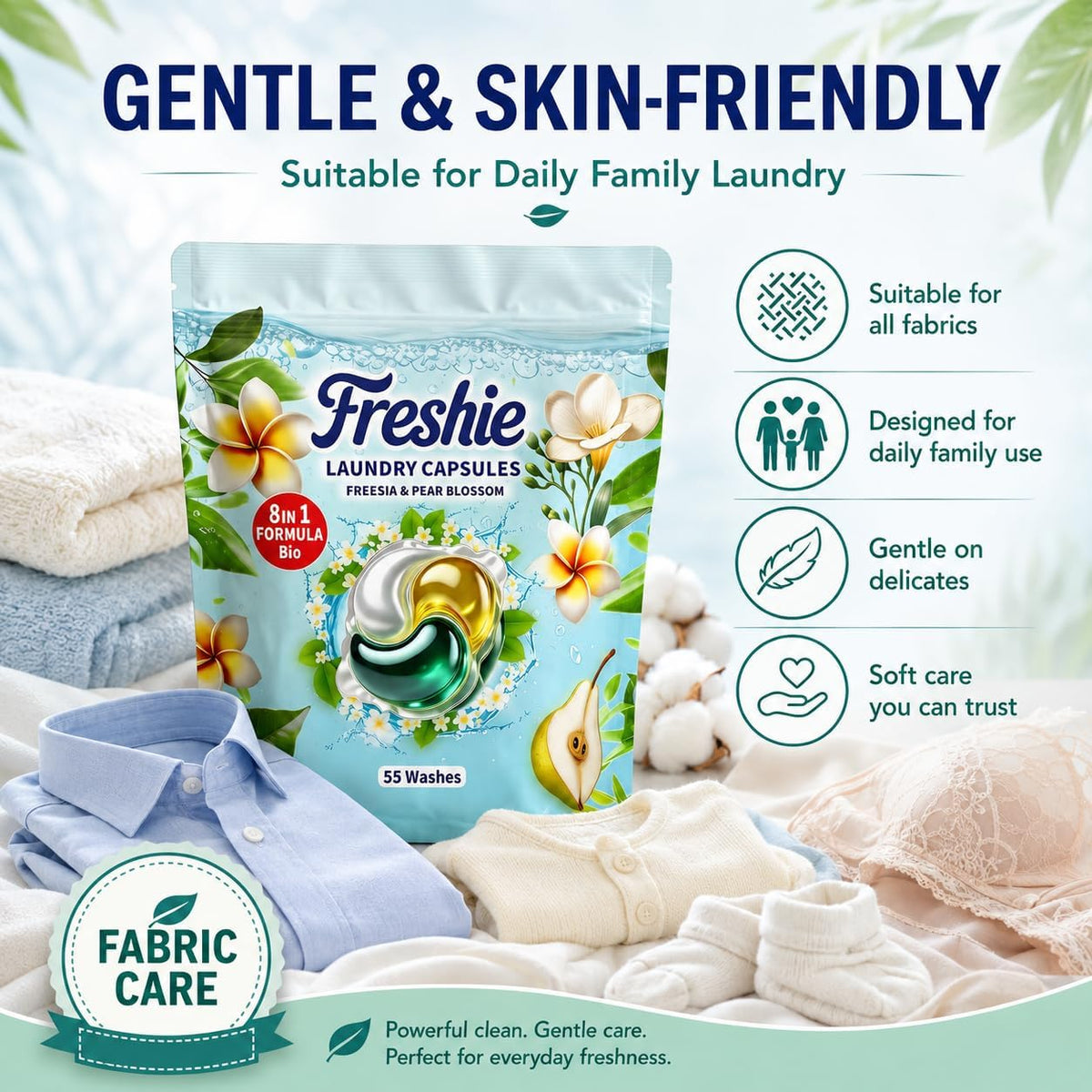 Bio Washing Pods - Laundry Detergent Pods 110 Washes, Fresh Freesia & Pear Blossom Scent - Powerful Stain Removal, Gentle on Skin, Freshness that Lasts and Lasts