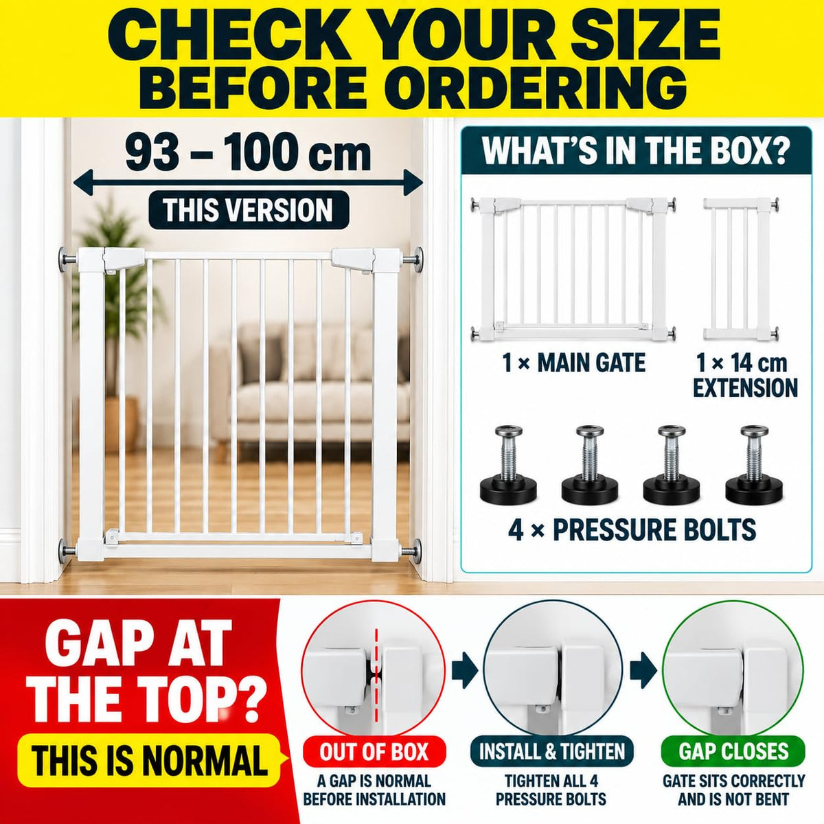 For Your Little One Pressure Fit Safety Stair Gate – 100–107 cm – 2 x 7 cm Extensions Included – No Screws Needed | One-Hand Opening | Baby & Pet Gate for Stairs & Doorways, Grey