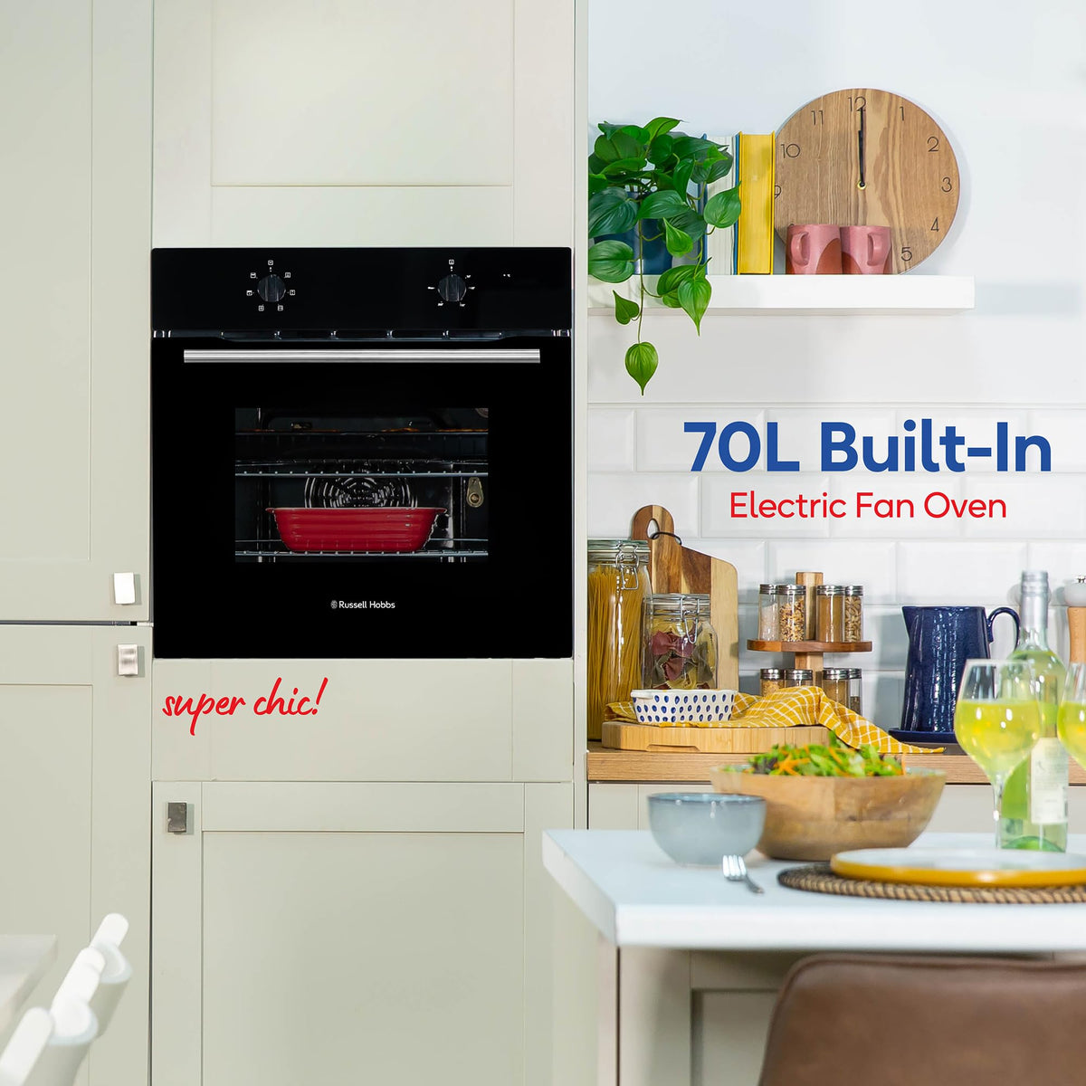 Russell Hobbs 70L, 60cm Wide, Single Electric Built-in Fan Oven and Grill in Stainless Steel, 6 Oven Functions, RHFEO7004SS