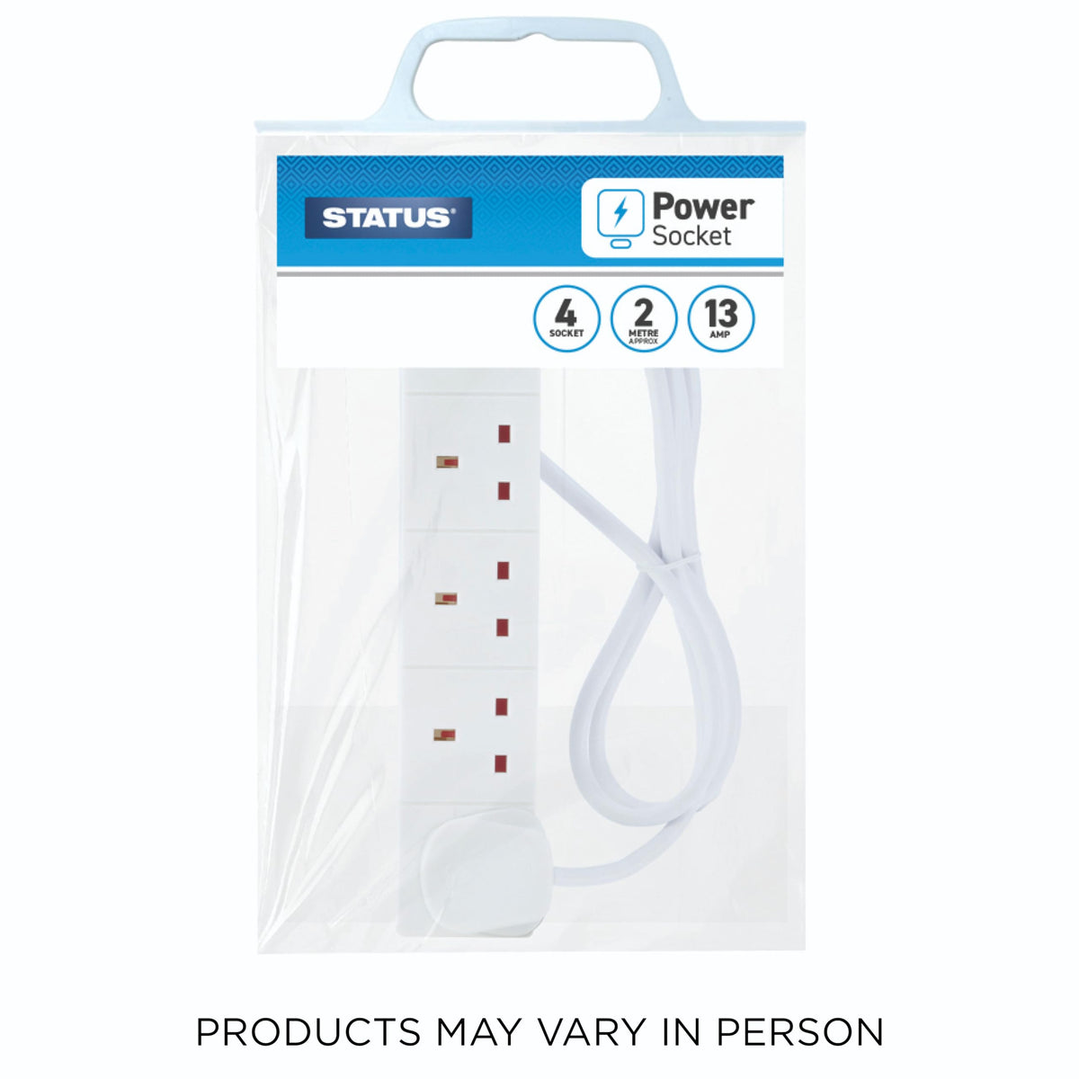 STATUS 4 Way Socket Extension Lead, 4m Cable with Neon Power Indicator, 13A Multi-Plug Strip for Home or Office, Wall Mountable, White (S4W4MS6)