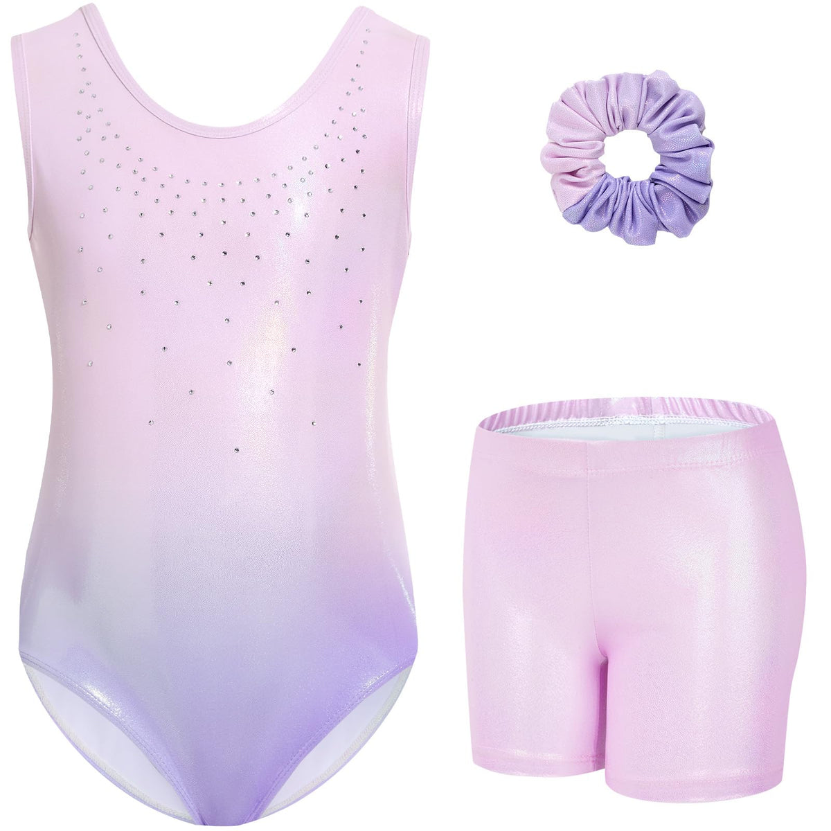 Gogokids Girls' Three-Piece Gymnastics Set, Sleeveless Leotards with Shorts and Hairband, Sparkling Ballet Dancing Unitards - Gymnastics Outfit with Gradient Color Design for 3-12 Years