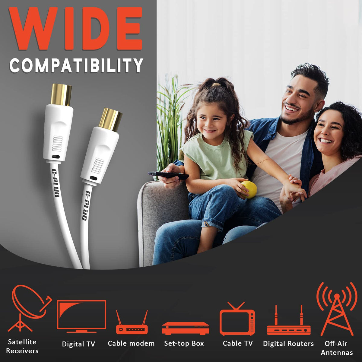 G-PLUG 2m TV Aerial Cable, Coaxial Cable for Freeview, Sky Box and Freesat