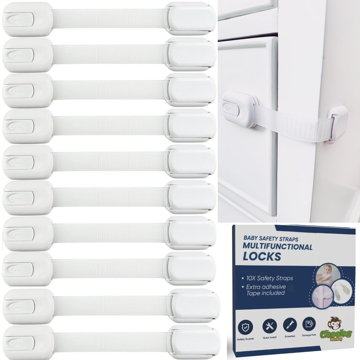Cheeky Monkey® 4 Pack Cupboard Locks for Children, No Drill Baby Proofing