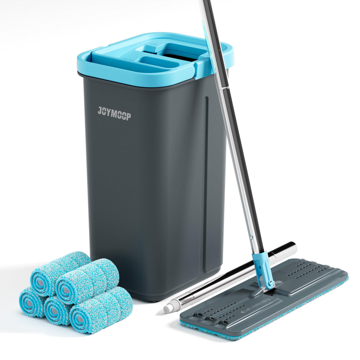 JOYMOOP Mop and Bucket with Wringer Set, Hands Free Flat Floor Mop and Bucket, with 3 Washable Microfiber Pads, Wet and Dry Use, Floor Cleaning System