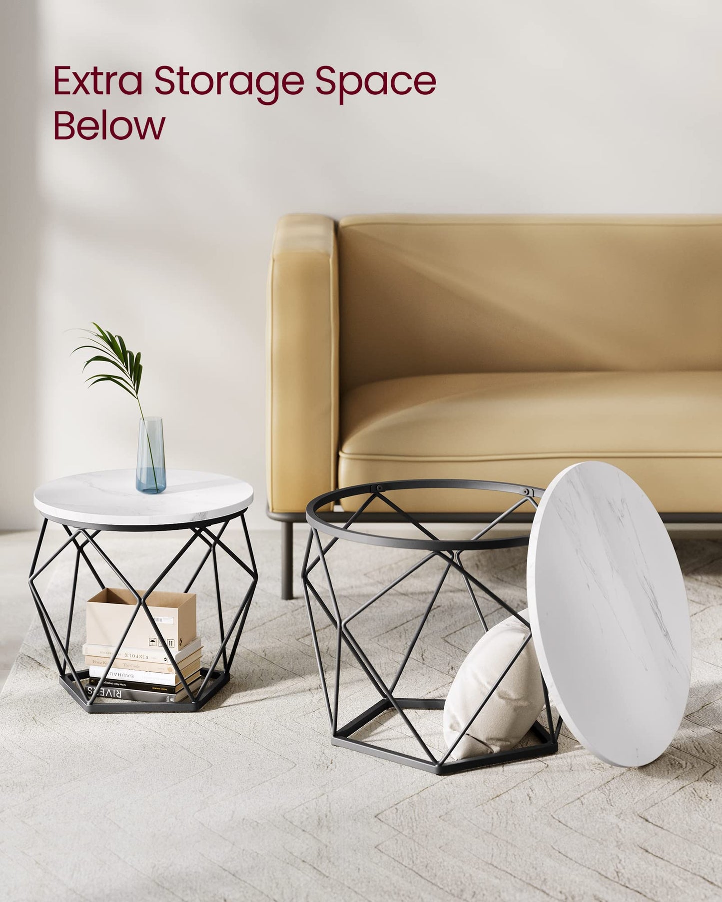 VASAGLE Coffee Tables, Set of 2 Side Tables, Robust Steel Frame, for Living Room, Bedroom, Rustic Brown and Black LET040B01