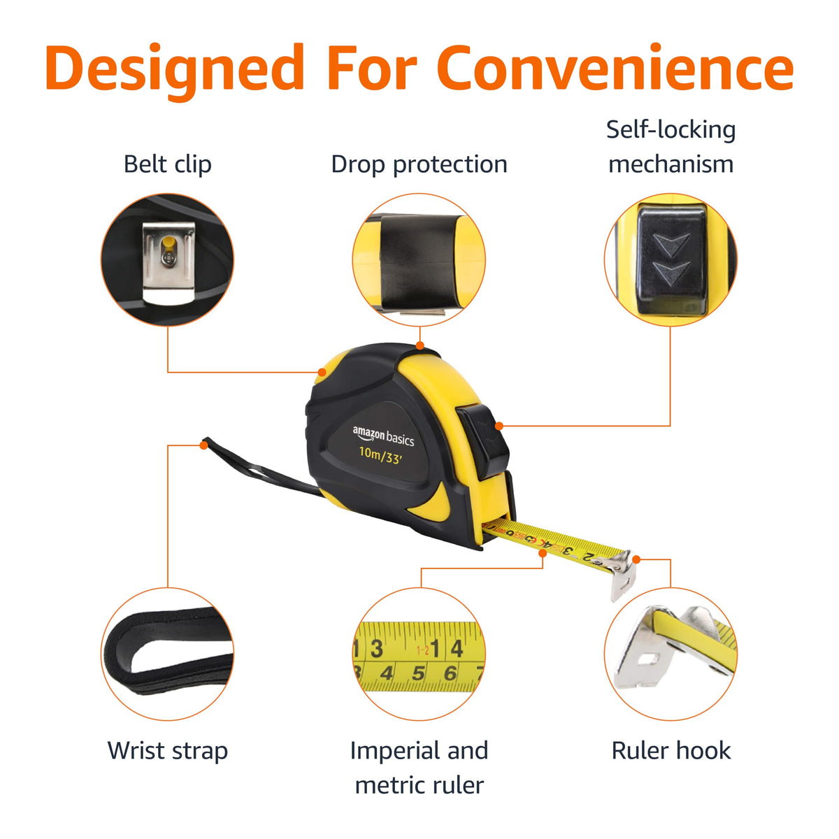 Amazon Basics Self-Locking Tape Measure, MID Accuracy, 7.6 m (2-Pack) meters Scale, Yellow