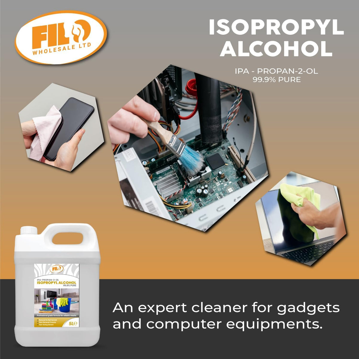 FILO Isopropyl Alcohol 99.9% Pure 1x 5L | Lab Grade IPA | Rubbing Alcohol for Cleaning and Disinfecting | Isopropanol Alcohol Solvent for Electronics, Windows, Glass, Appliances and More