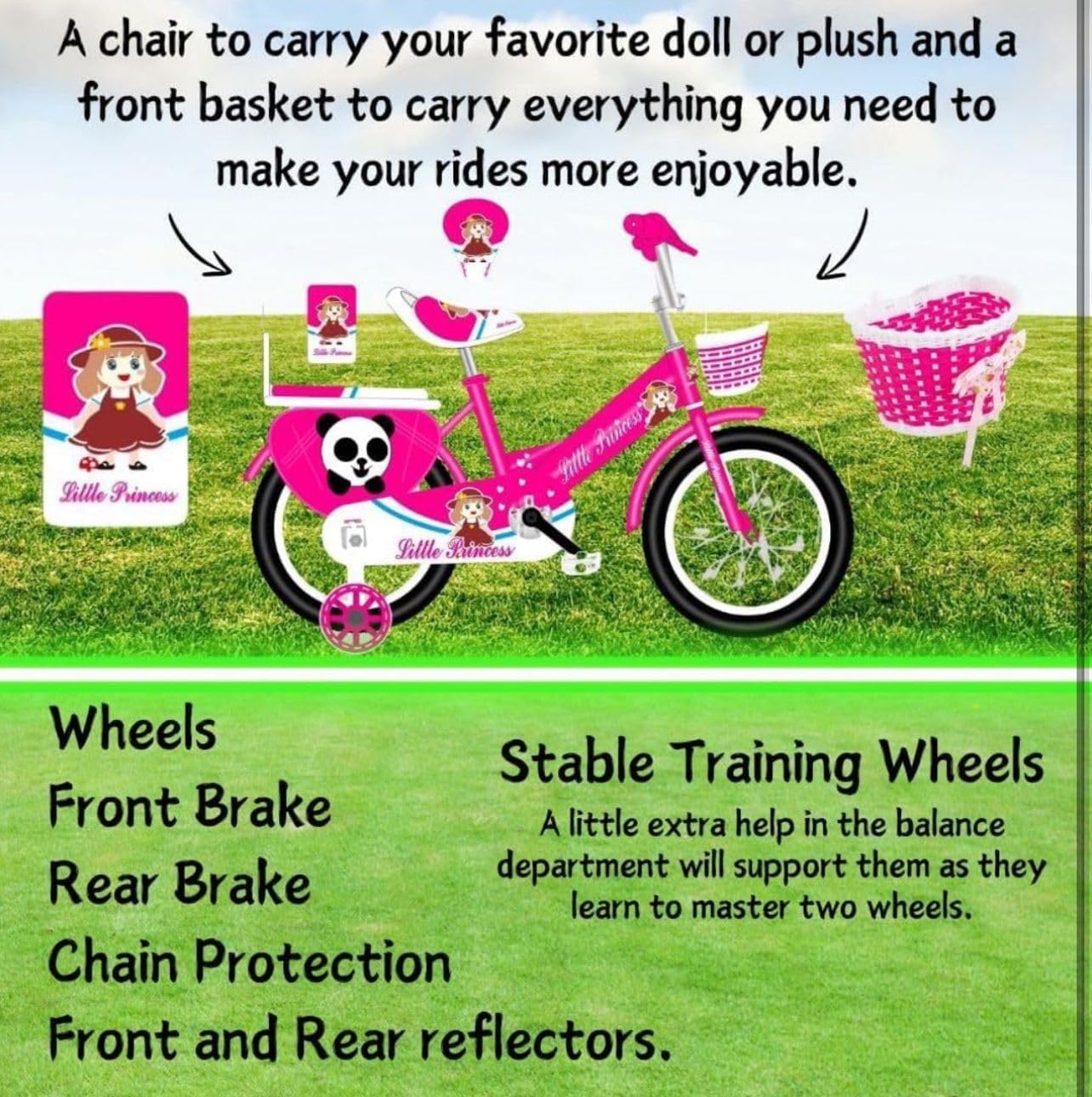 Pink Girls Bike 16" with Stabilisers, Basket & Bell — Adjustable Seat & Handlebars