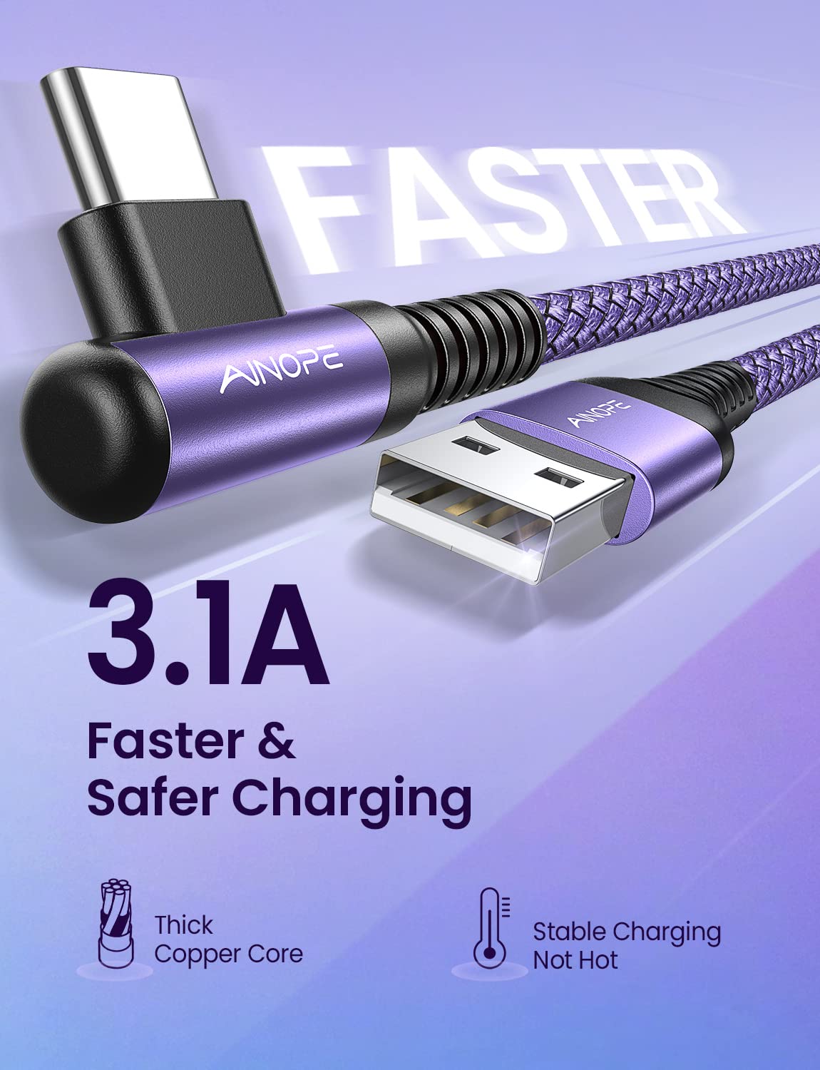 AINOPE USB C Charger Cable,(2Pack 2M) 3.1A Right Angle USB to USB C Cable