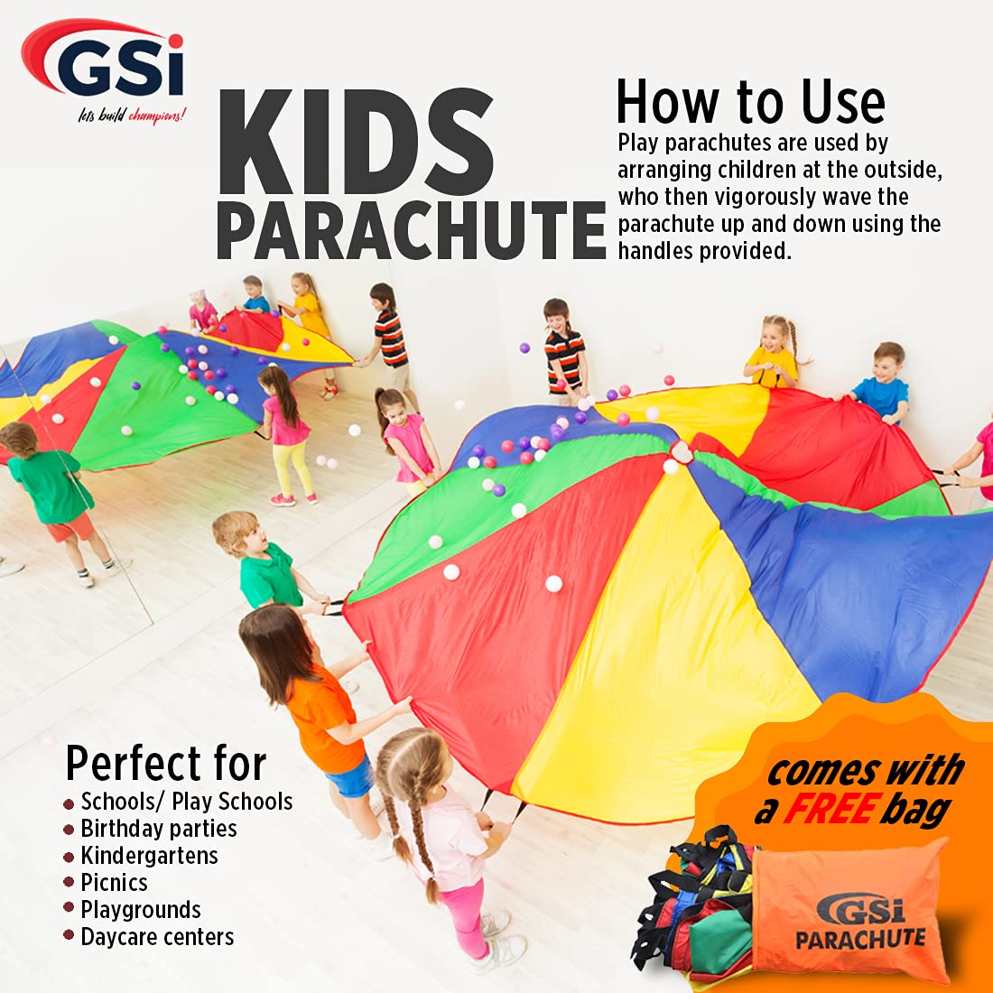 GSi Kids Play Parachute Rainbow Parachute Toy Tent Game for Kids Gymnastics Cooperative Play and Outdoor Playground Activities (6 Feet)
