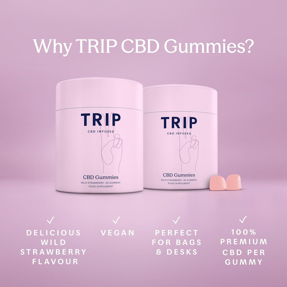 TRIP CBD Infused Gummies, 300mg CBD, High Strength, Wild Strawberry, 30x