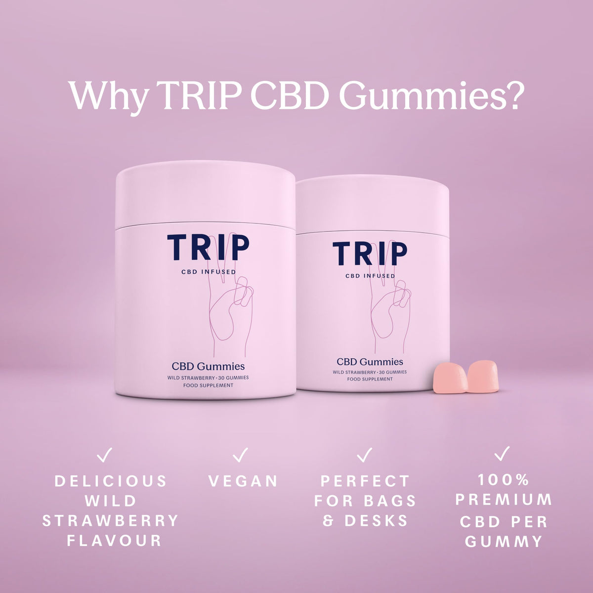 TRIP CBD Infused Gummies, 300mg CBD, High Strength, Wild Strawberry, 30x