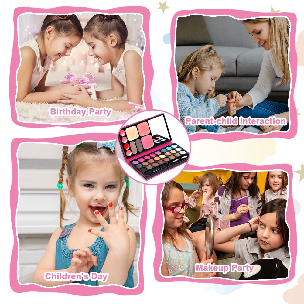 Aomig 33 Colors Kids Makeup Sets for Girls, 6 Pcs Princess Make Up Kit with 5 Brushes, Washable Children's Cosmetics Toys, Non-Toxic Makeup Kit, Cosmetic Beauty Set Gift for Kids Halloween Birthday