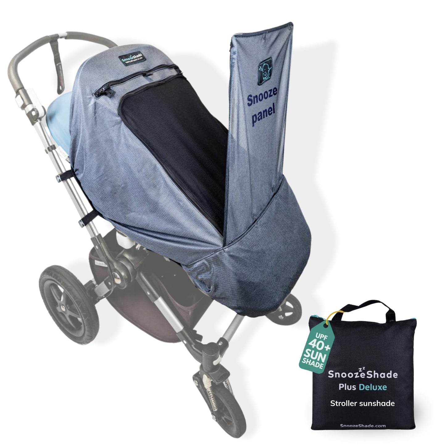 SnoozeShade Plus Extra Pram and Stroller Sun Shade Cover Blocks 99% UV UPF50+ Baby Sleep Aid and Breathable Blackout Canopy for Pushchairs Buggies and Travel Strollers