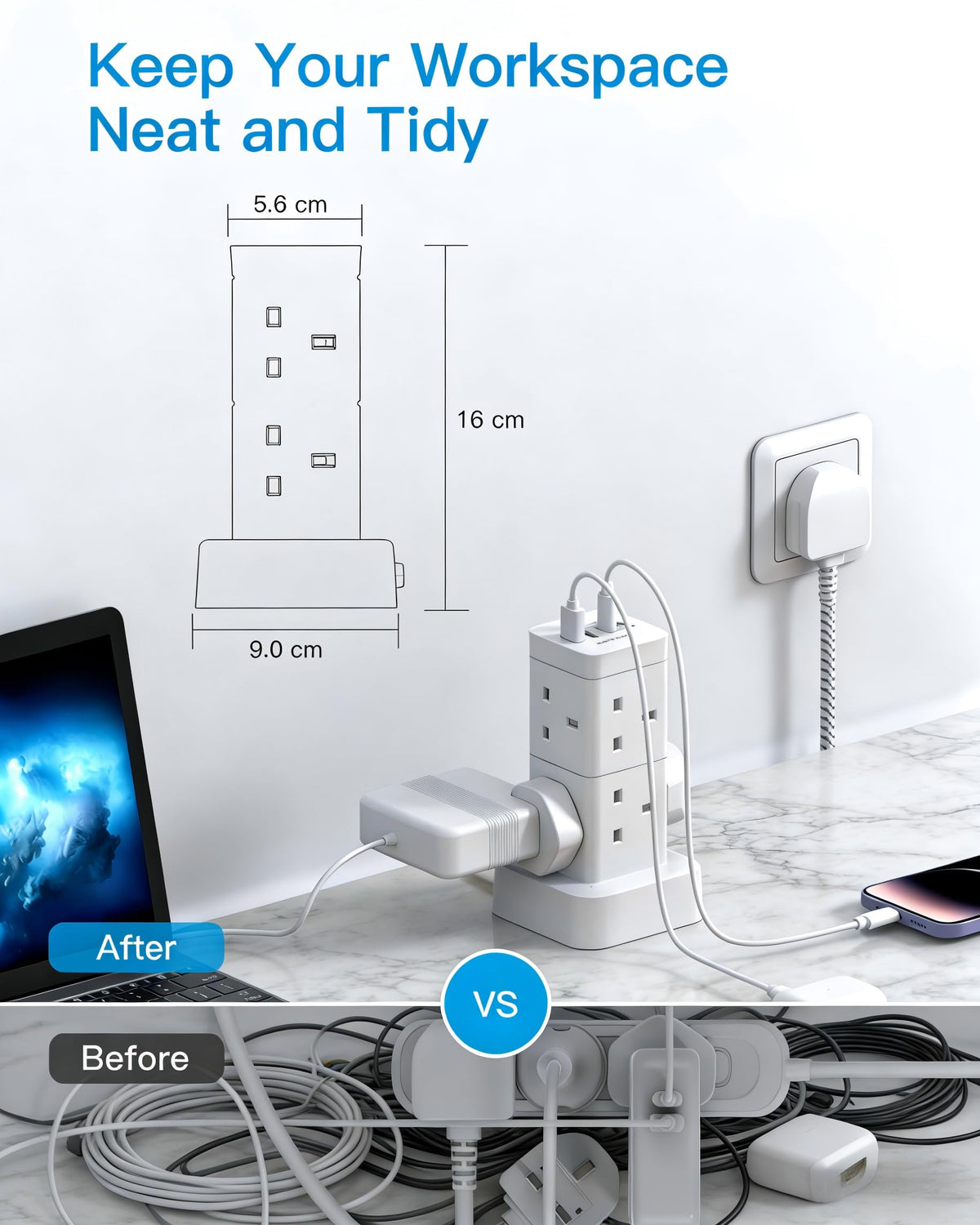 5M Extra Long Tower Extension Lead with 2 USB C, 8 Way Outlets Power Strip