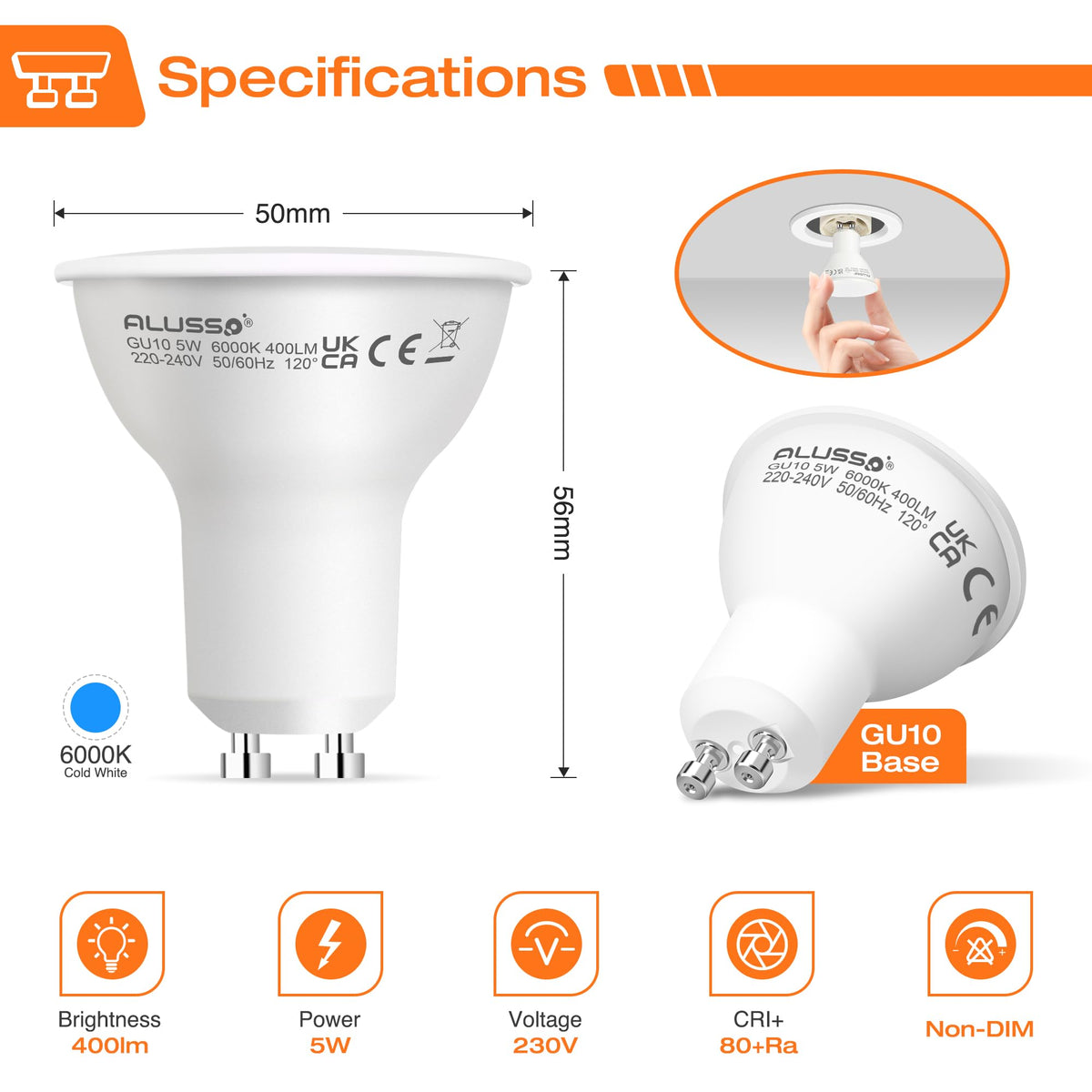 ALUSSO 5W GU10 LED Bulbs Warm White 3000K, 400LM Brightness Pack of 4