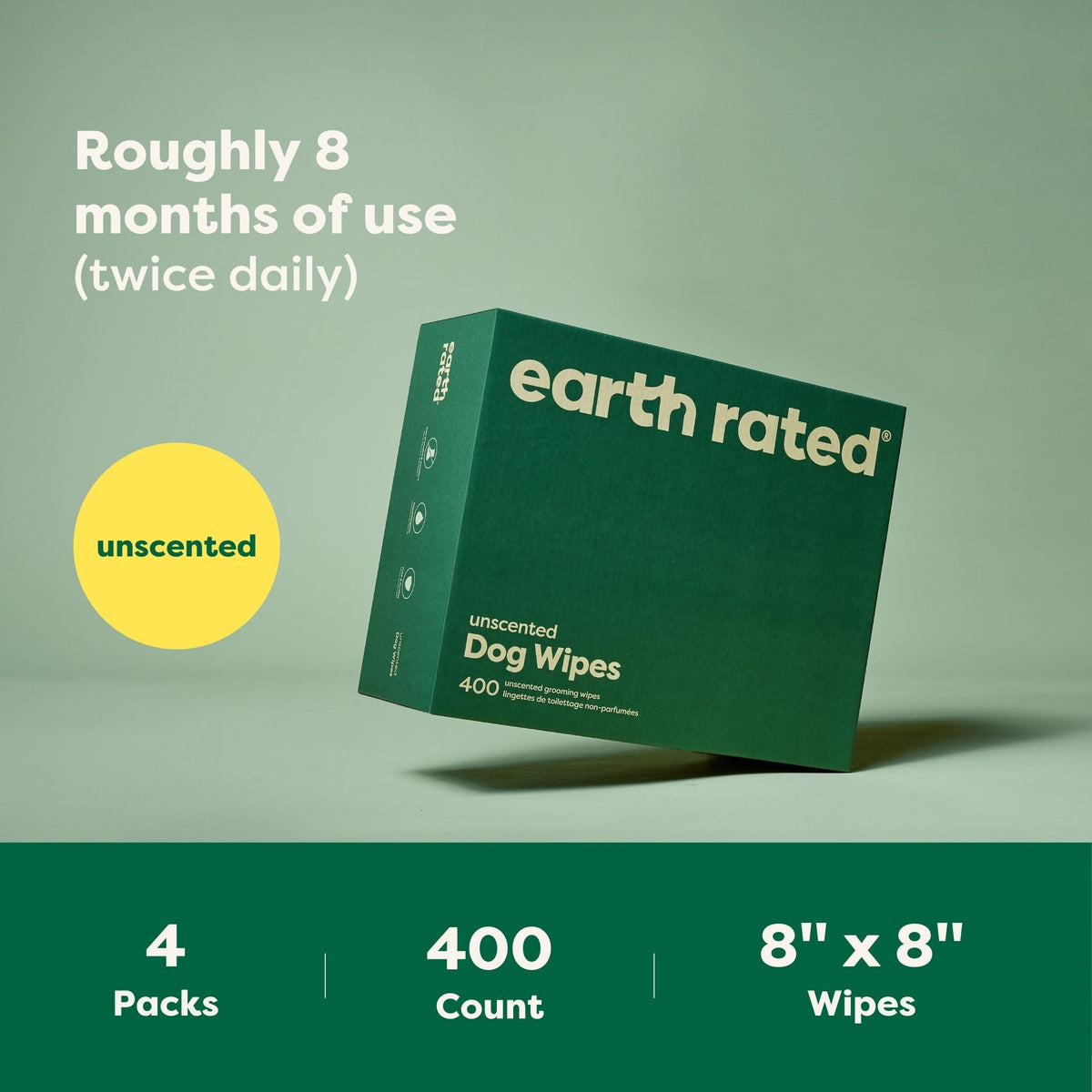 Earth Rated Pet Wipes for Dogs, Hypoallergenic, Cleaning and Hydrating, for Grooming Paws, Body and Bums, Unscented, 100 Count