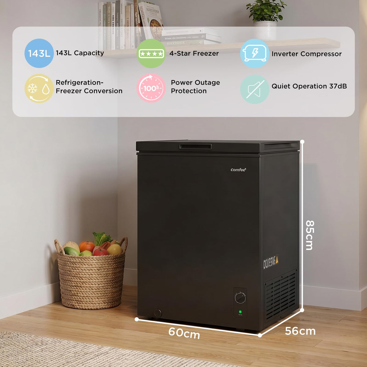 COMFEE' 99L Chest Freezer, Convertible Refrigeration Mode, RCC102BL2UK(E)
