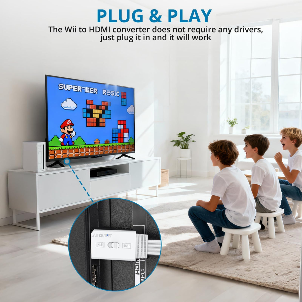 AUTOUTLET Wii to HDMI Converter 1080P 5ft/150 cm for Full HD Device, Adapter with HDMI Male Cable Output Compatible with Nintendo Wii, Wii U, HDTV, Monitor-Supports All Wii Display Modes