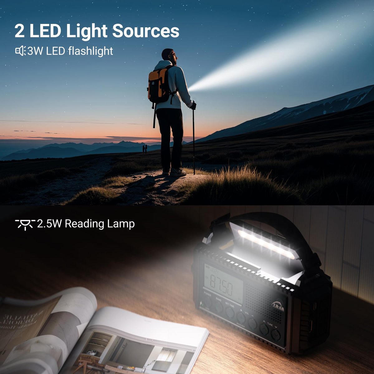 Mesqool Wind Up Radio Solar Powered, 5000mAh Emergency Hand Crank AM FM Radio with Flashlight, Reading Lamp, USB Phone Charger, SOS Alarm and Compass