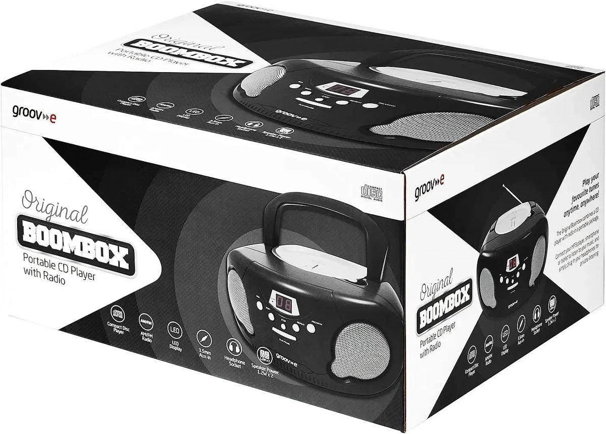 Groov-e Original Boombox - Portable CD Player with Bluetooth, Radio, 3.5mm Aux Port, & Headphone Socket - LED Display, 2 x 1.2W Speakers - Battery or Mains Powered - Black