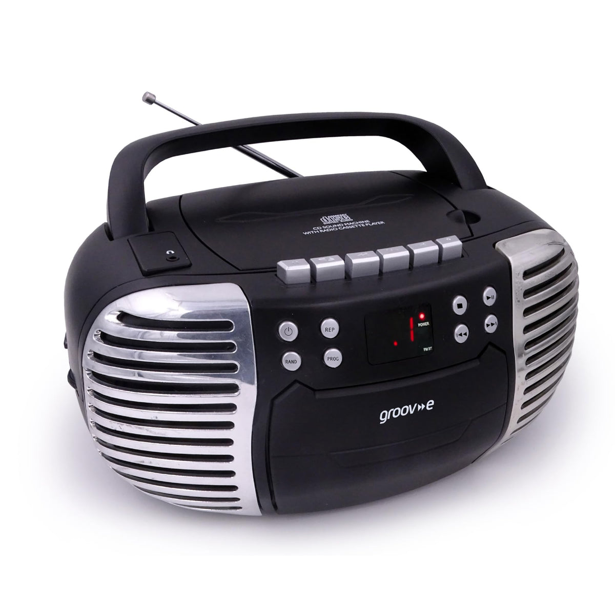 Groov-e Original Boombox - Portable CD Player with Bluetooth, Radio, 3.5mm Aux Port, & Headphone Socket - LED Display, 2 x 1.2W Speakers - Battery or Mains Powered - Black