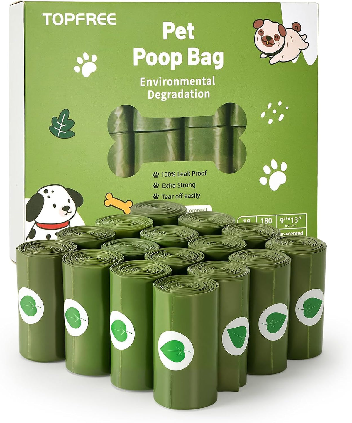 Topfree Poo Bags for Dog Waste, 18 Rolls 180 Dog Poop Bags (Green)