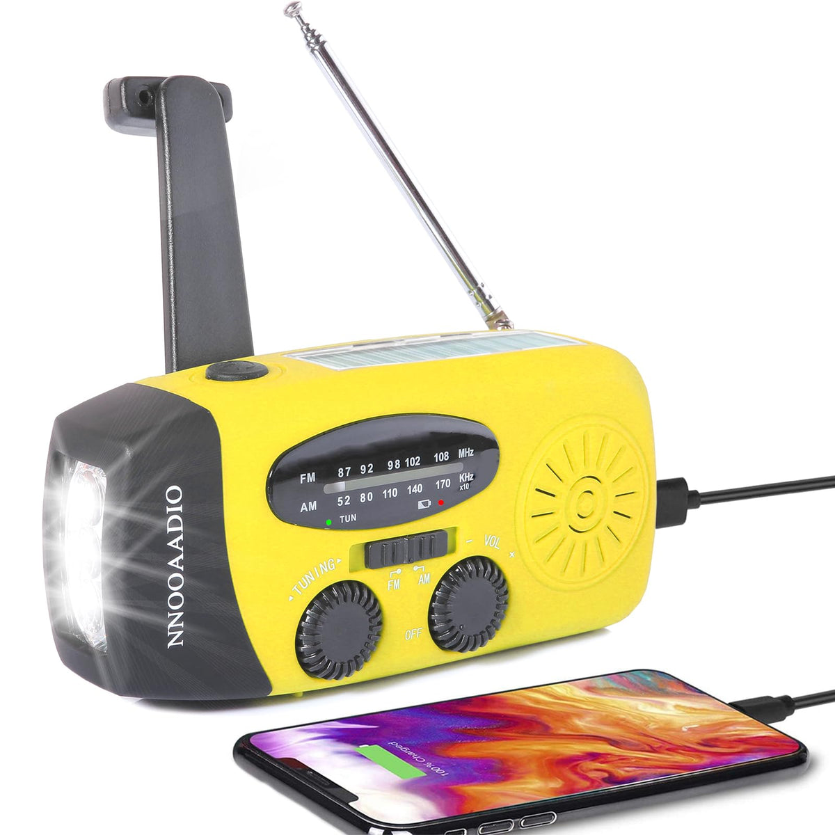 NNOOAADIO Wind Up Solar Hand Crank Radio, 2000mAh SOS Alarm for Camping