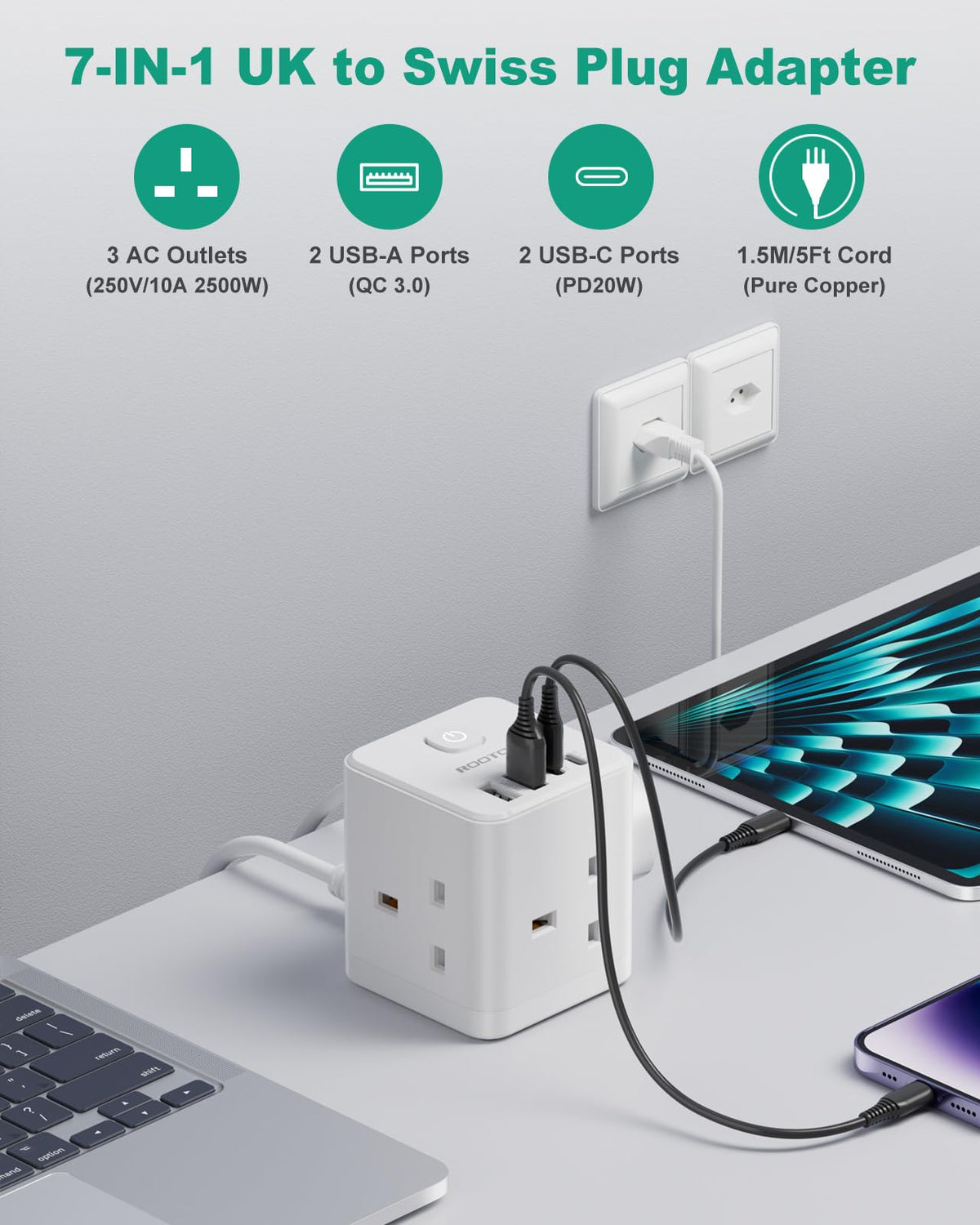 Japan Travel Adapter 3 Way 4 Fast Charging USB (QC3.0/PD20W)