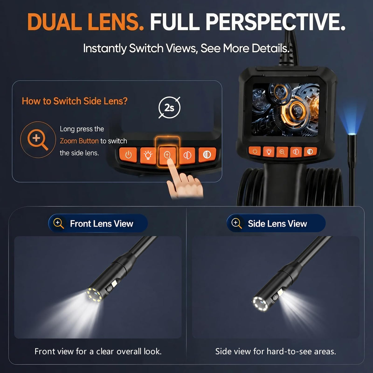 Endoscope Inspection Camera, Qimic 2.4'' IPS Screen Borescope with 8 LED Lights, IP67 Waterproof Endoscope, 1080P HD Snake Camera, 33FT Semi-Rigid Cable, Gadgets for Men
