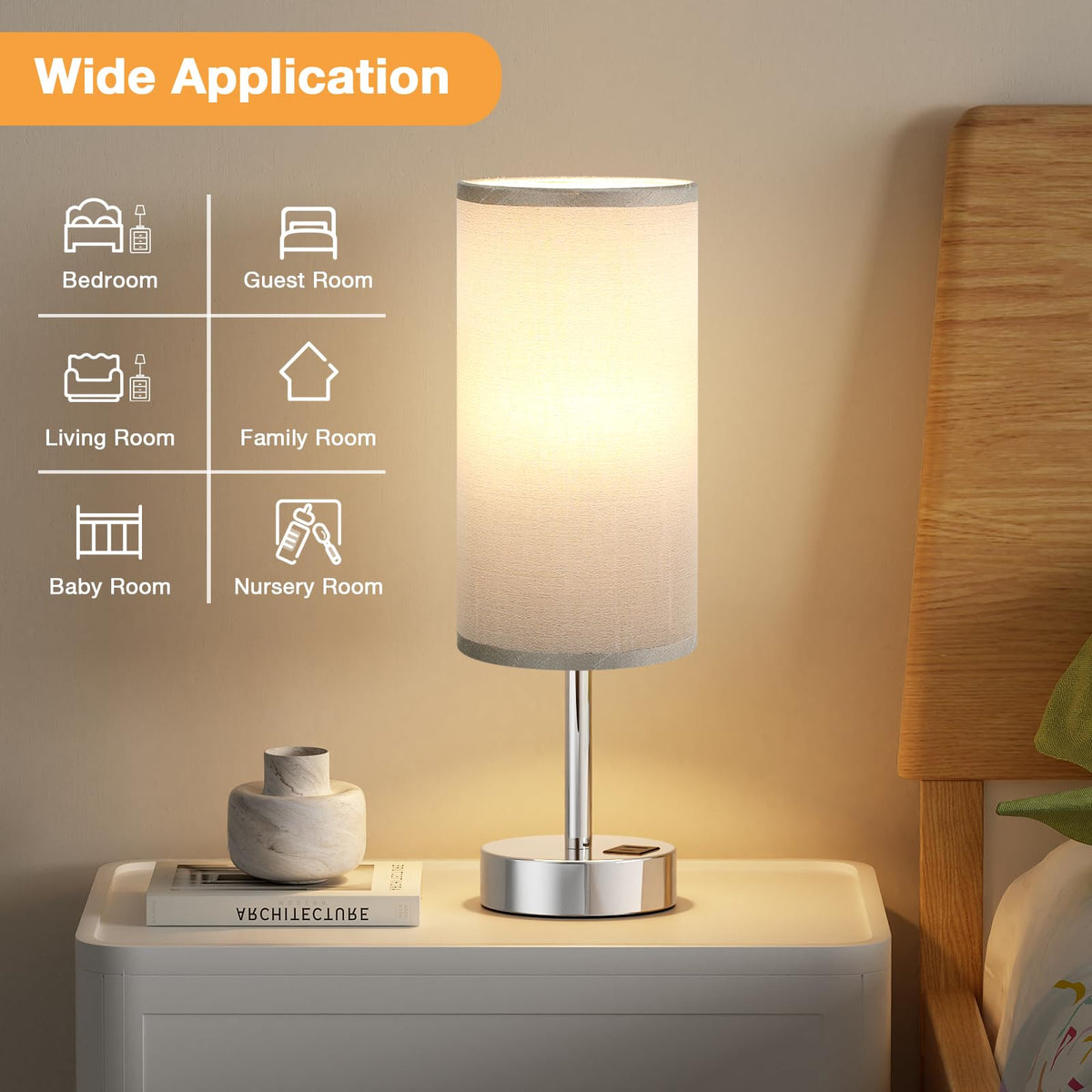 Aooshine Grey Table Lamp, 3-Way Dimmable, USB A + C Charging