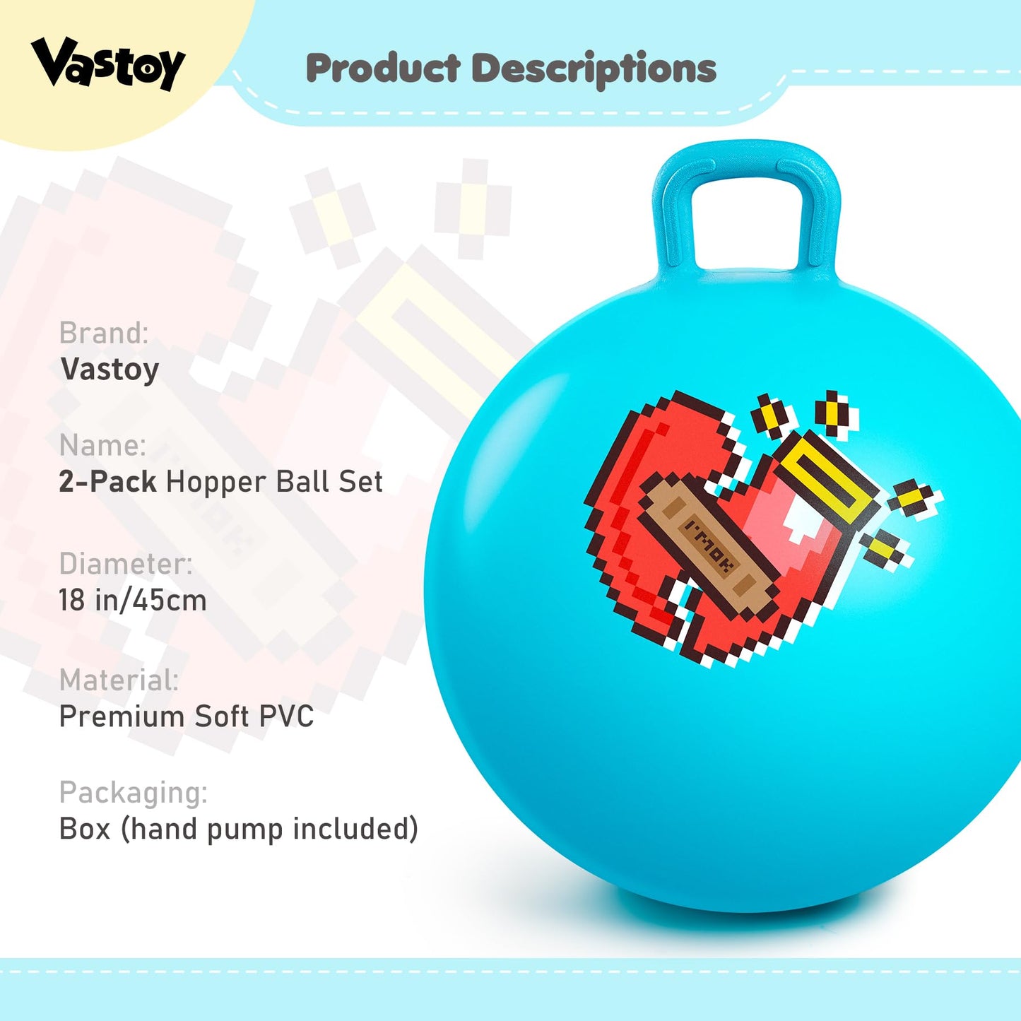 Vastoy 20 Inch Space Hopper Ball for Kids 6-9 Years - Anti-Slip Space Hopper with Hand Pump, Bouncy Inflatable Ride On Toy for Indoor Outdoor Fun, for Children (Blue Eyes)