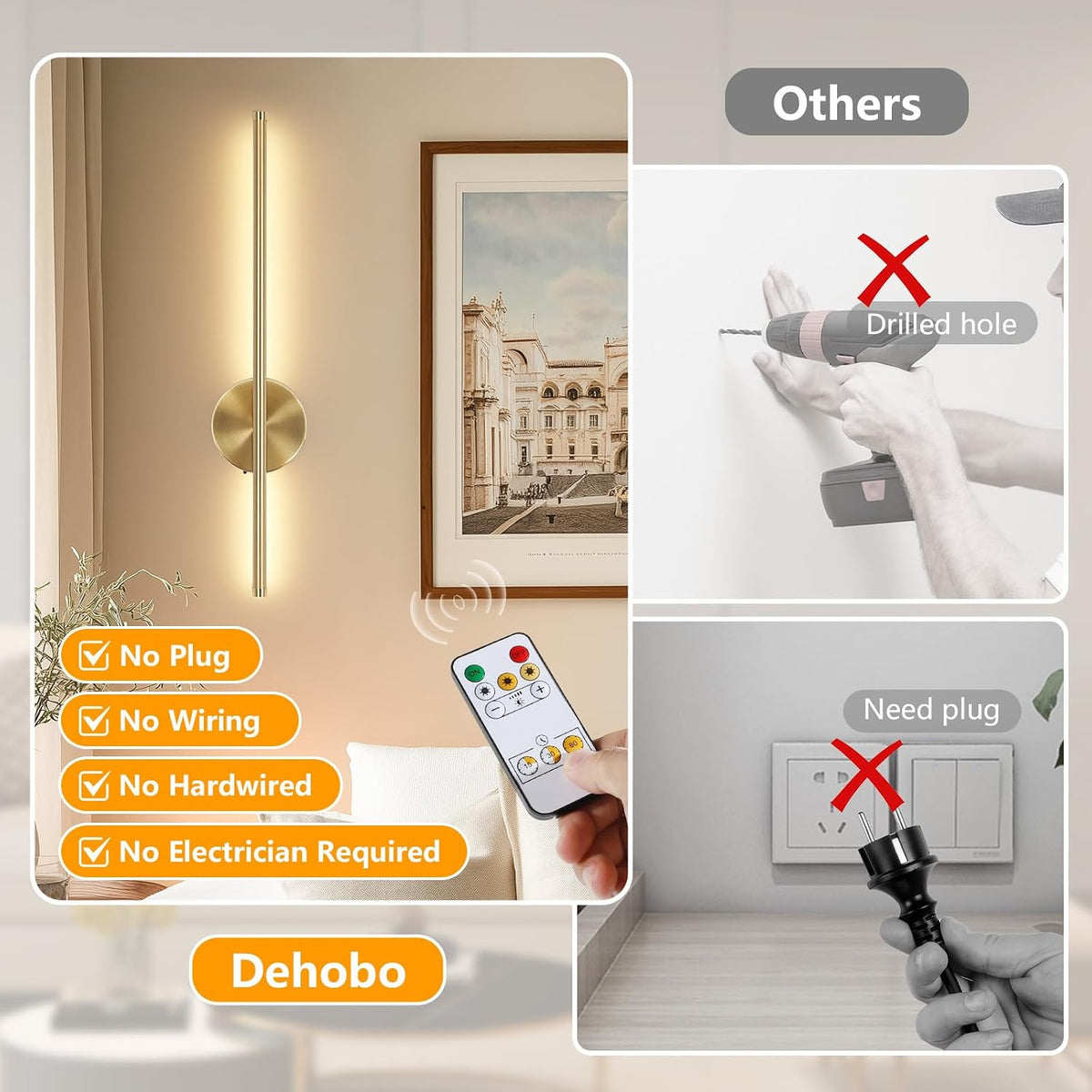 Dehobo 80CM Rechargeable Wall Lights with 8000mAh for Home Decor, 2 Packs