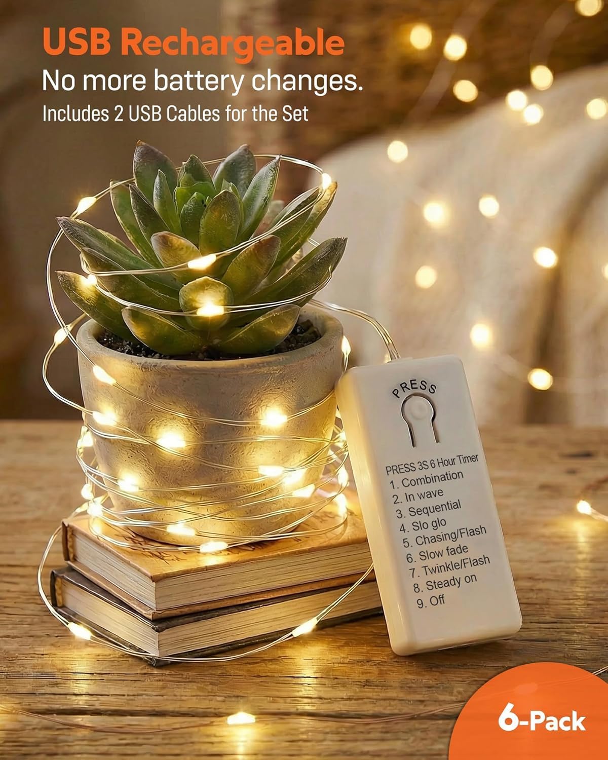 HXWEIYE 3 Pack USB Rechargeable Fairy Lights, 7ft 20 LED, 8 Modes & Timer