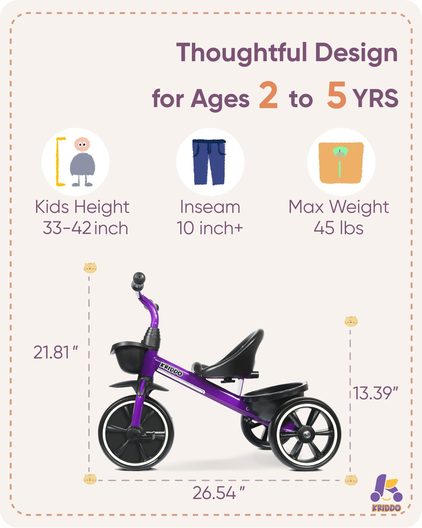KRIDDO Toddler Tricycle — Anti-Tip Design, BPA-Free | Ages 18 Months to 4 Years | Pink