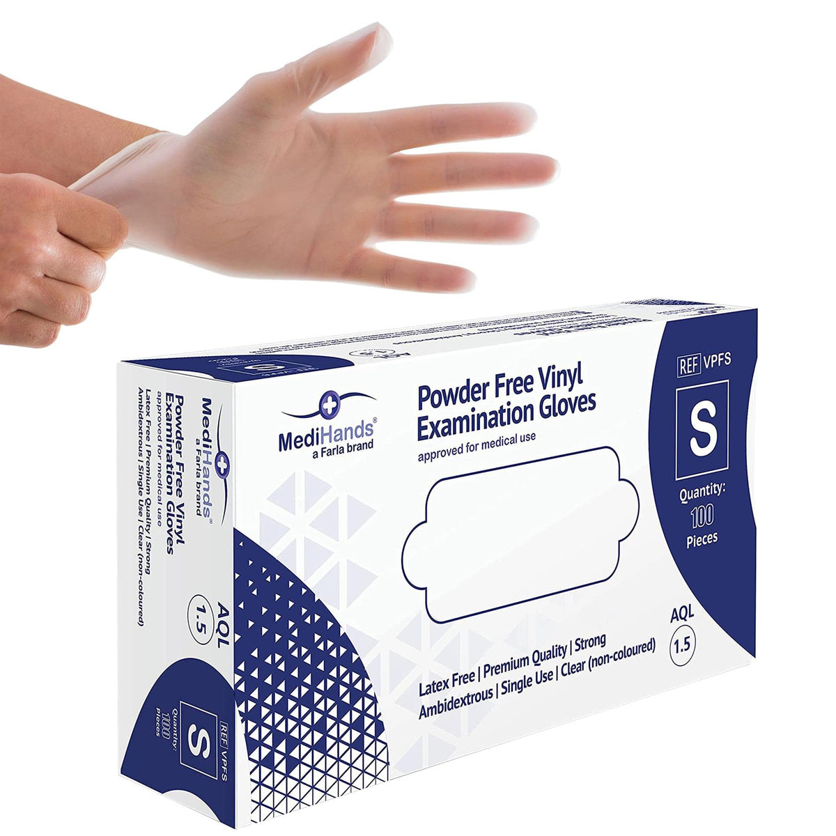 MediHands Vinyl Clear Medium Gloves, Disposable Surgical Gloves, Box of 100, Powder Free, Latex Free, Protein Free, Medical, Food, Multi-Use